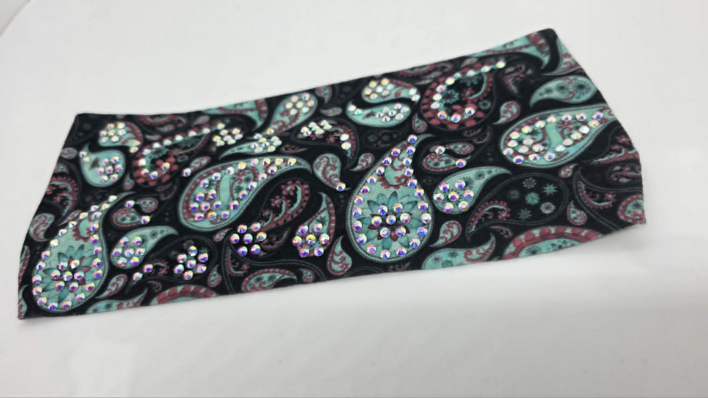 Stretchy Headband Sea Green Paisley with Aurora Borealis Crystals (Sku5476)