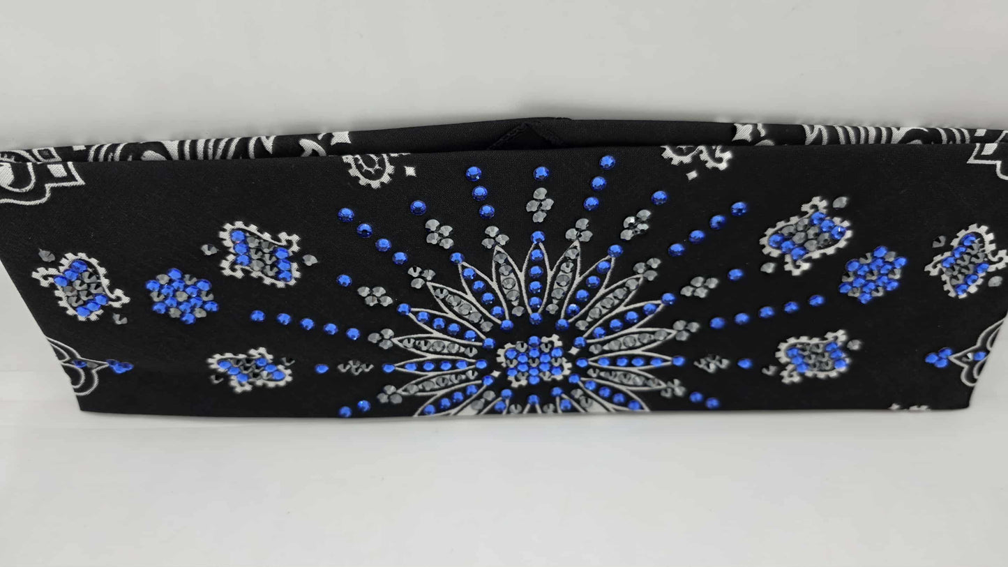 LeeAnnette Black Paisley Bandana with Blue and Black Austrian Crystals (sku40156)