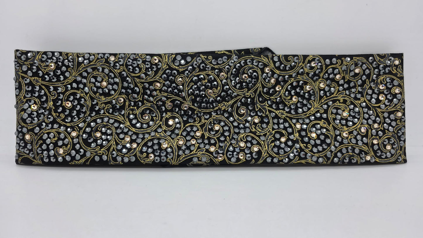 Super LeeAnnette Gold Victorian on Black Bandana with Black and Honey Austrian Crystals (S48128)