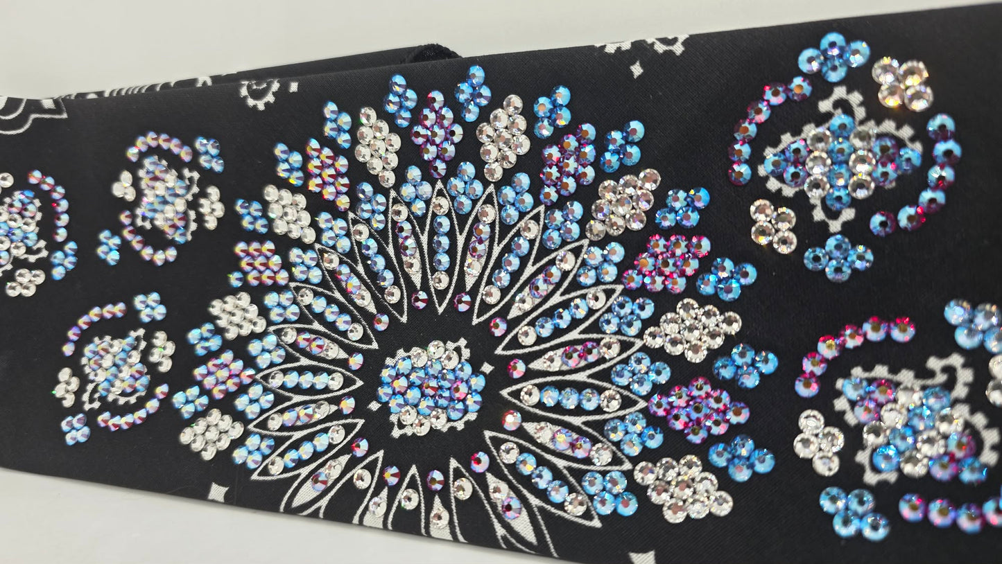 Super LeeAnnette Black Paisley Bandana with Blue Shimmer, Red Shimmer and Diamond Clear Austrian Crystals (S48177)