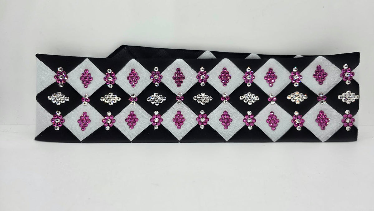 LeeAnnette Black and White Checker Bandana with Fuchsia and Diamond Clear Austrian Crystals (L40286)
