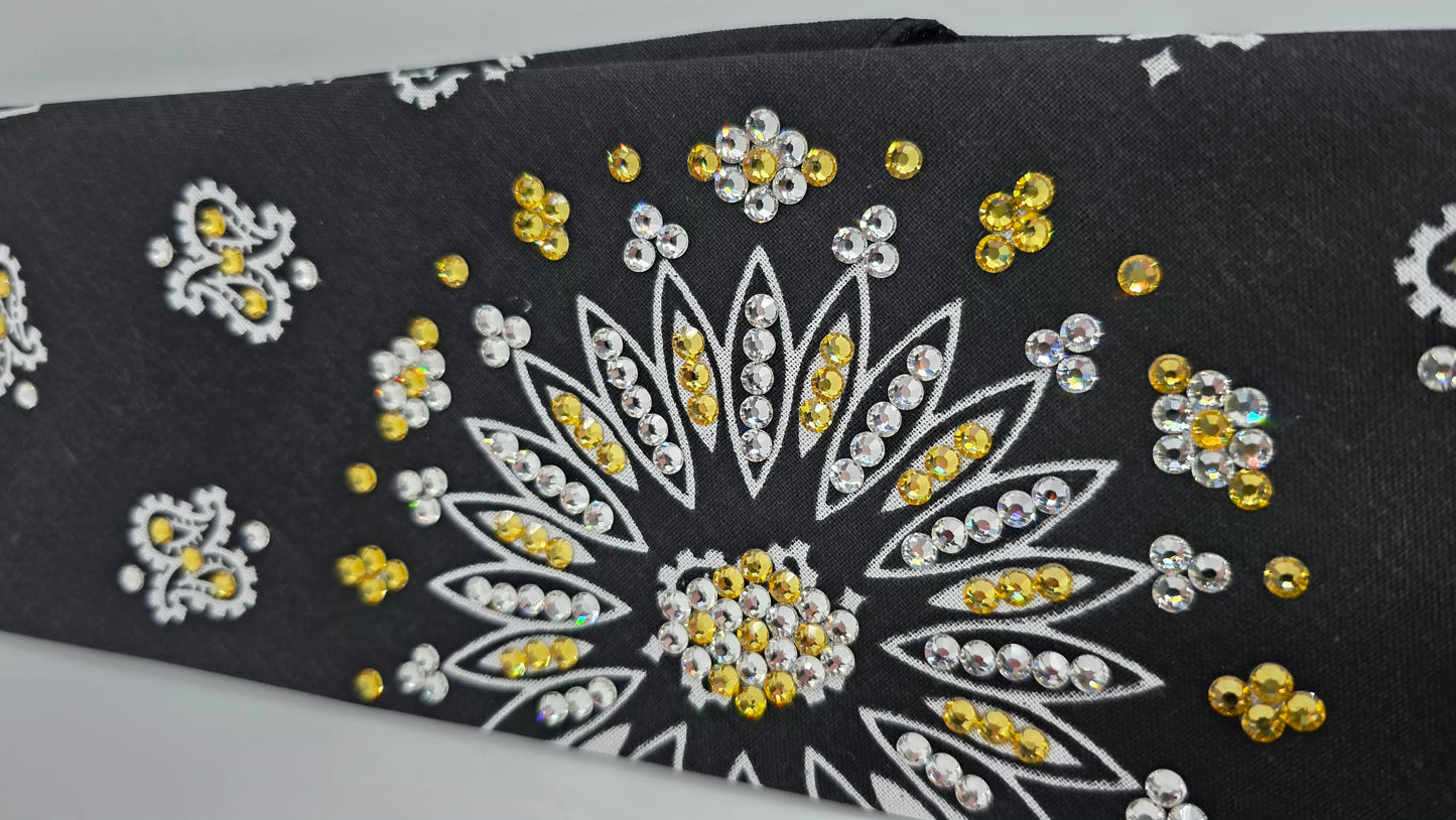 EXTRA BLING -Black Paisley Bandana with Golden Yellow and Diamond Clear Austrian Crystals (E60109)
