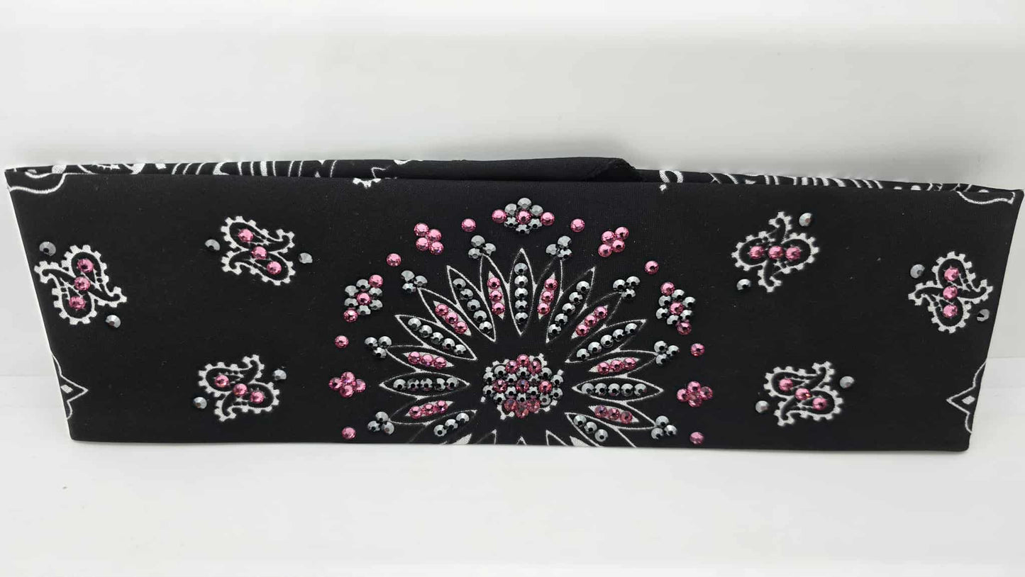 EXTRA BLING - Black Paisley Bandana with Black and Rose Austrian Crystals (sku6405)