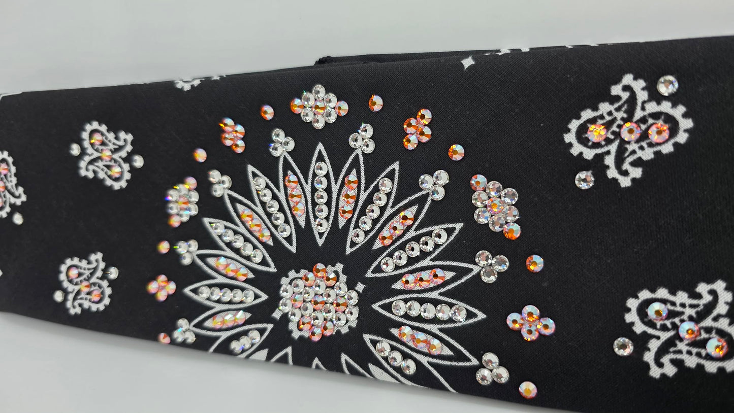 Black Paisley Bandana with Orange Shimmer and Diamond Clear Austrian Crystals (E60105)