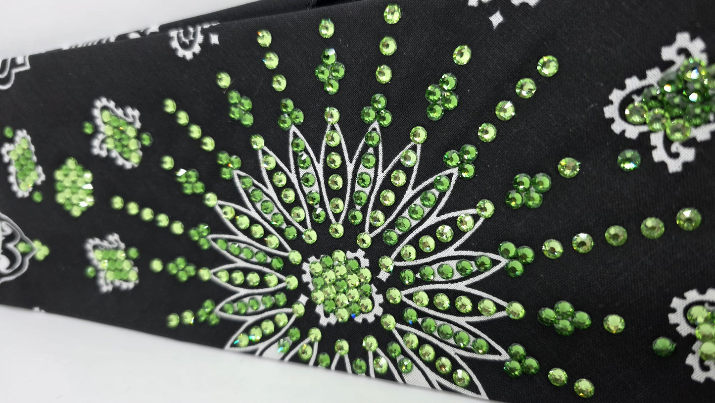 LeeAnnette Black Paisley Bandana with Light and Dark Green Austrian Crystals (L40204)