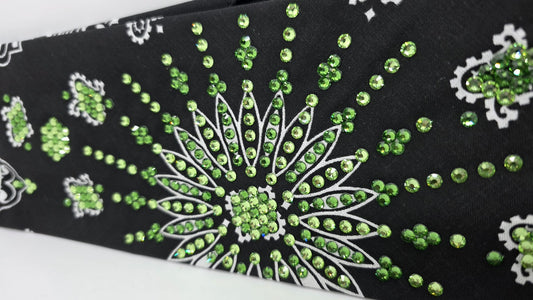 LeeAnnette Black Paisley Bandana with Light and Dark Green Austrian Crystals (L40204)