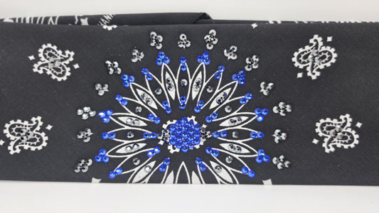 EXTRA BLING - Black Paisley Bandana with Blue and Black Austrian Crystals (sku6383)