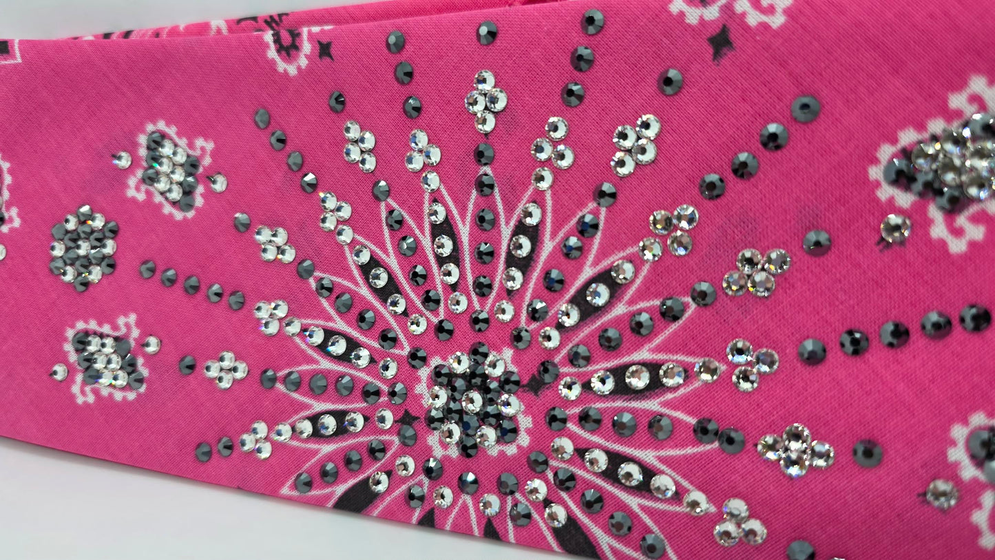LeeAnnette Pink Paisley Bandana with Black and Diamond Clear Austrian Crystals (L40233)