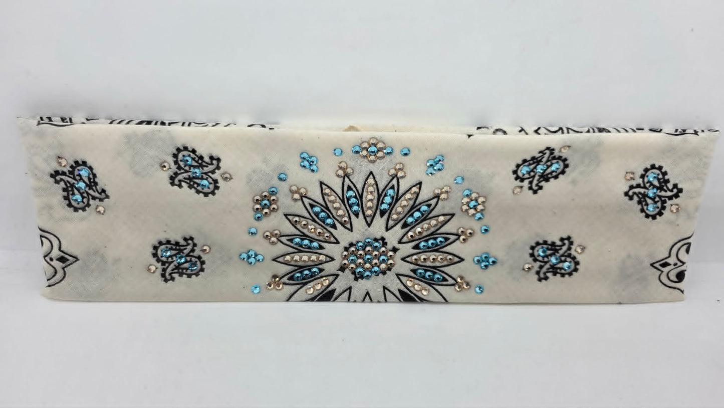 Off White Paisley Bandana with Aqua and Honey Austrian Crystals (E60147)