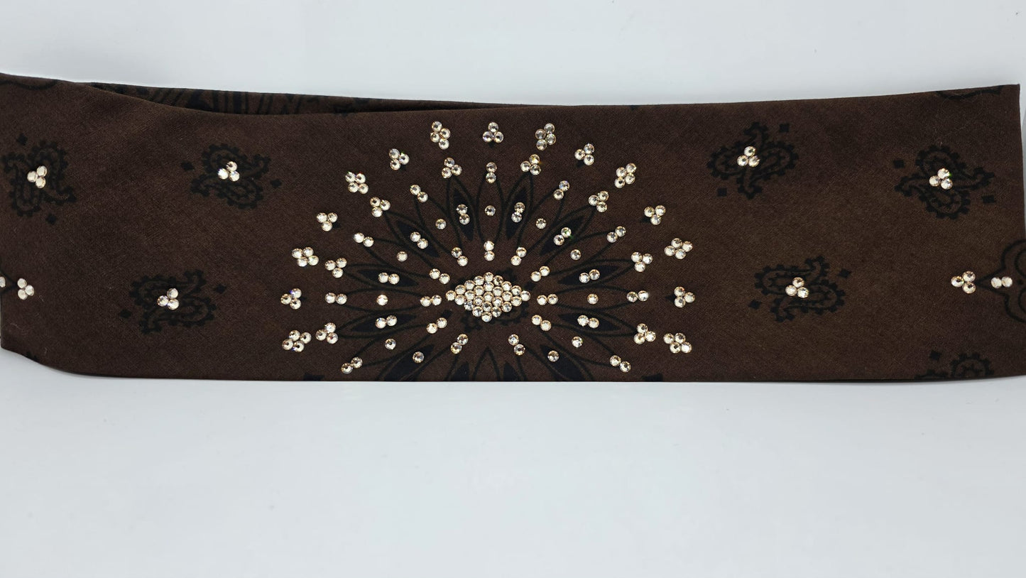 EXTRA BLING - Large Brown Paisley Bandana with Honey Austrian Crystals (sku6407)