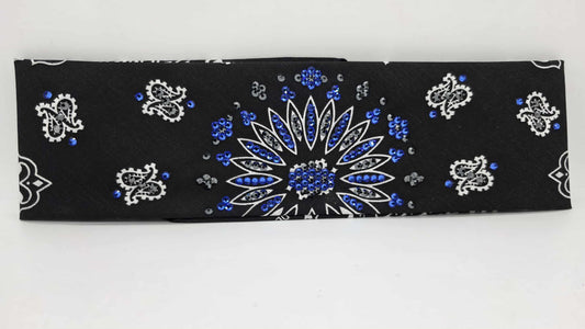 EXTRA BLING - Black Paisley Bandana with Sapphire and Black Austrian Crystals (sku6421)