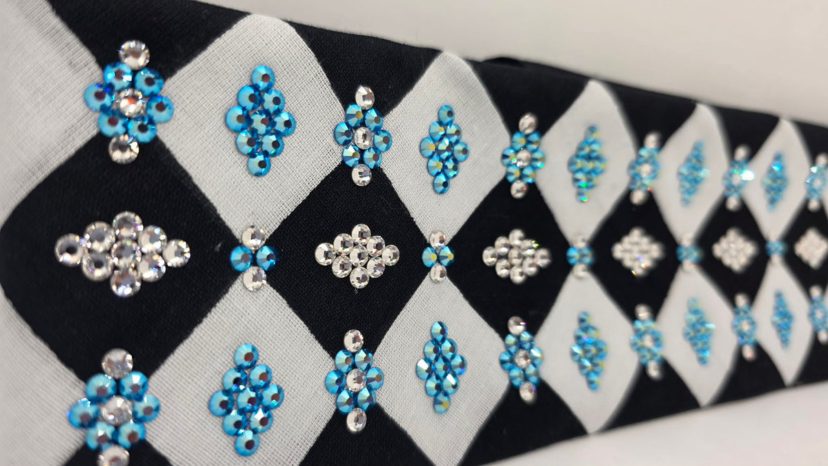 LeeAnnette Black and White Checker Bandana with Capri Blue Shimmer and Diamond Clear Austrian Crystals (L40278)