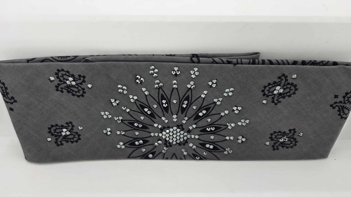 EXTRA BLING - Large Grey Paisley Bandana with Black Austrian Crystals (sku6406)