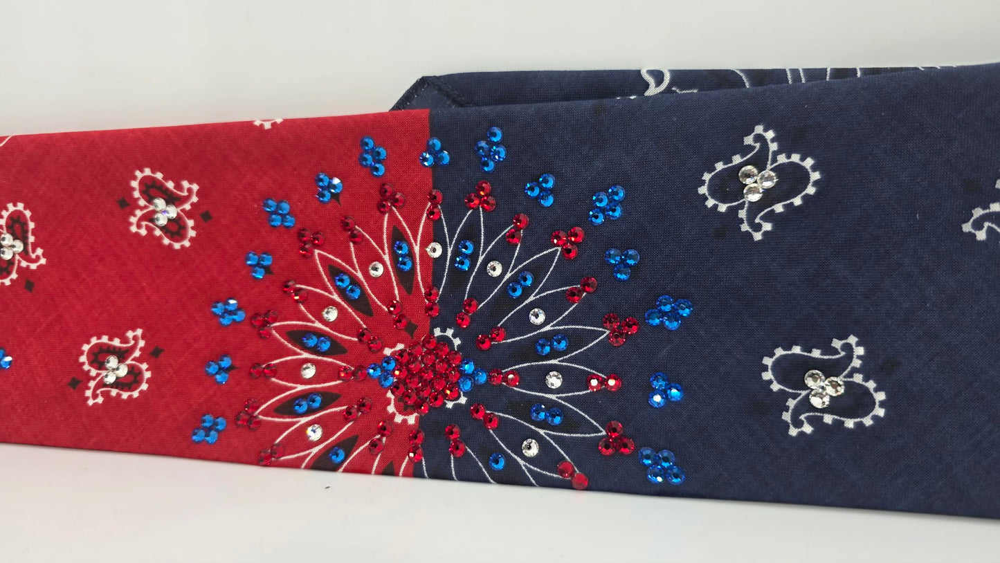 Red/Blue Paisley Bandana with Capri Blue, Red and Diamond Clear Austrian Crystals (E60157)