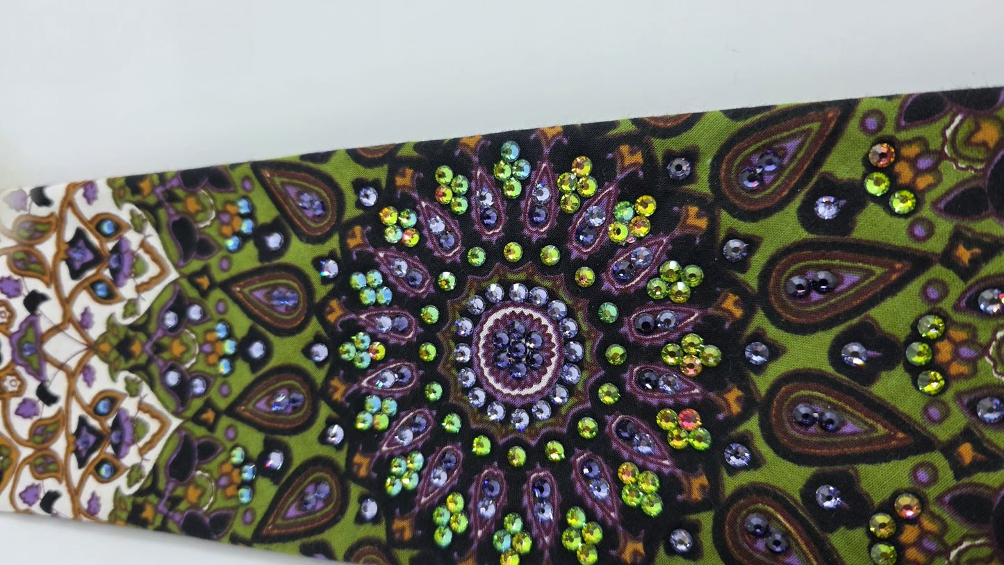EXTRA BLING -Green Indian Bandana with Light Purple, Dark Purple and Vitrail Medium Austrian Crystals (sku6416)