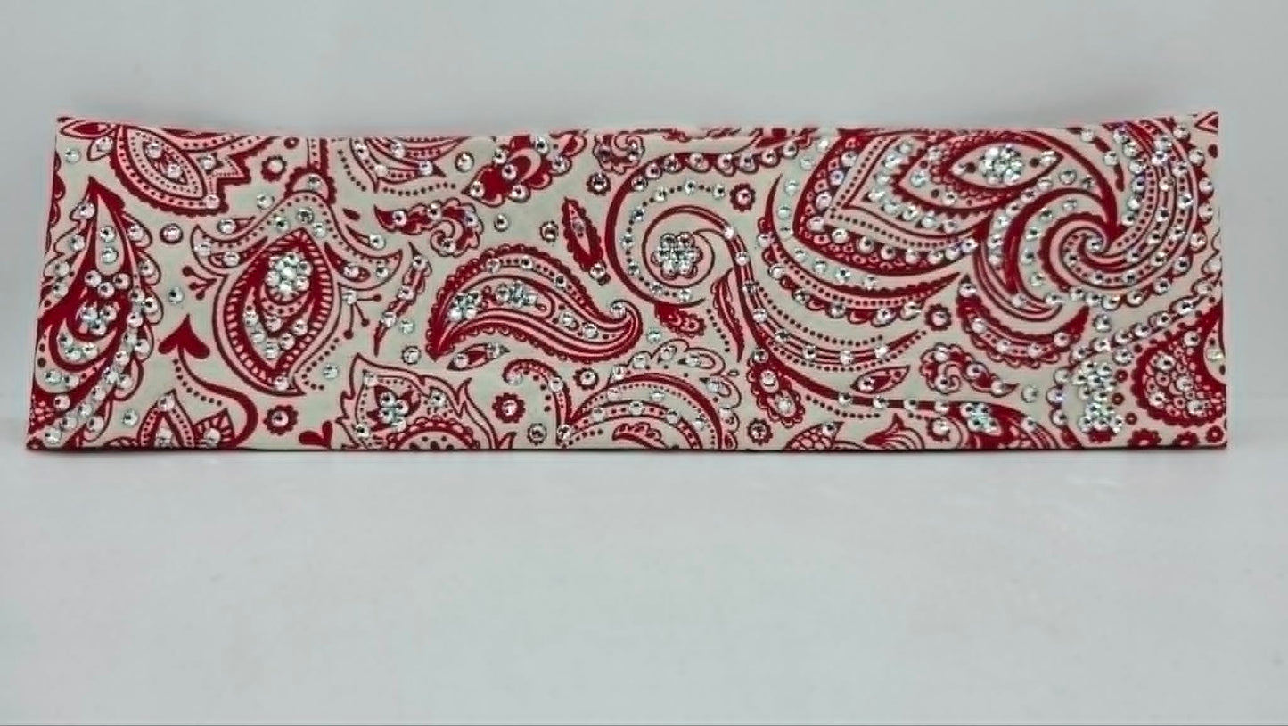 LeeAnnette Red on Cream Paisley Bandana with Diamond Clear Austrian Crystals (L40239)