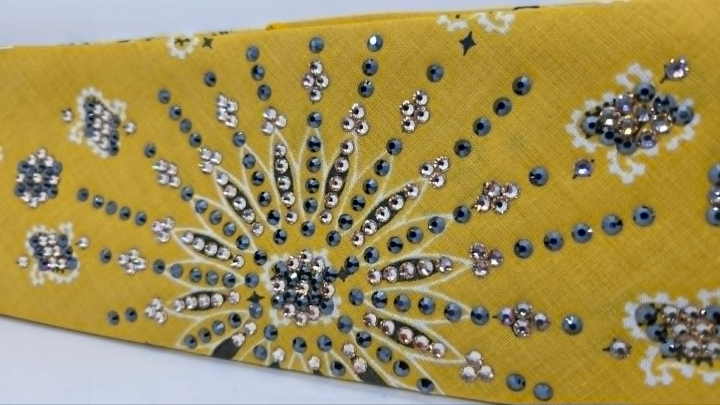 LeeAnnette Mustard Paisley Bandana with Black and Honey Austrian Crystals (L40255)