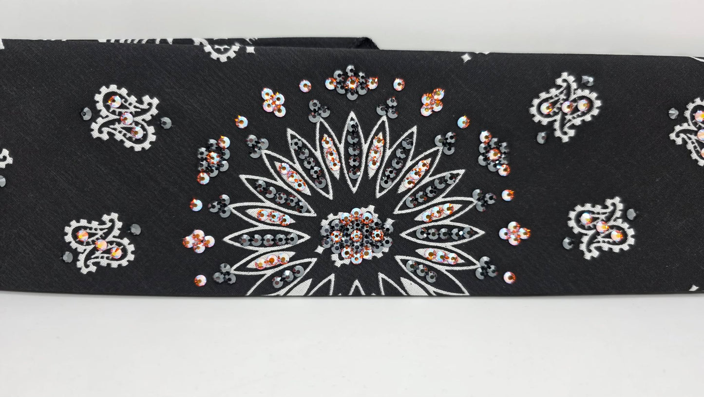 Black Paisley Bandana with Orange Shimmer and Black Austrian Crystals (E60104)