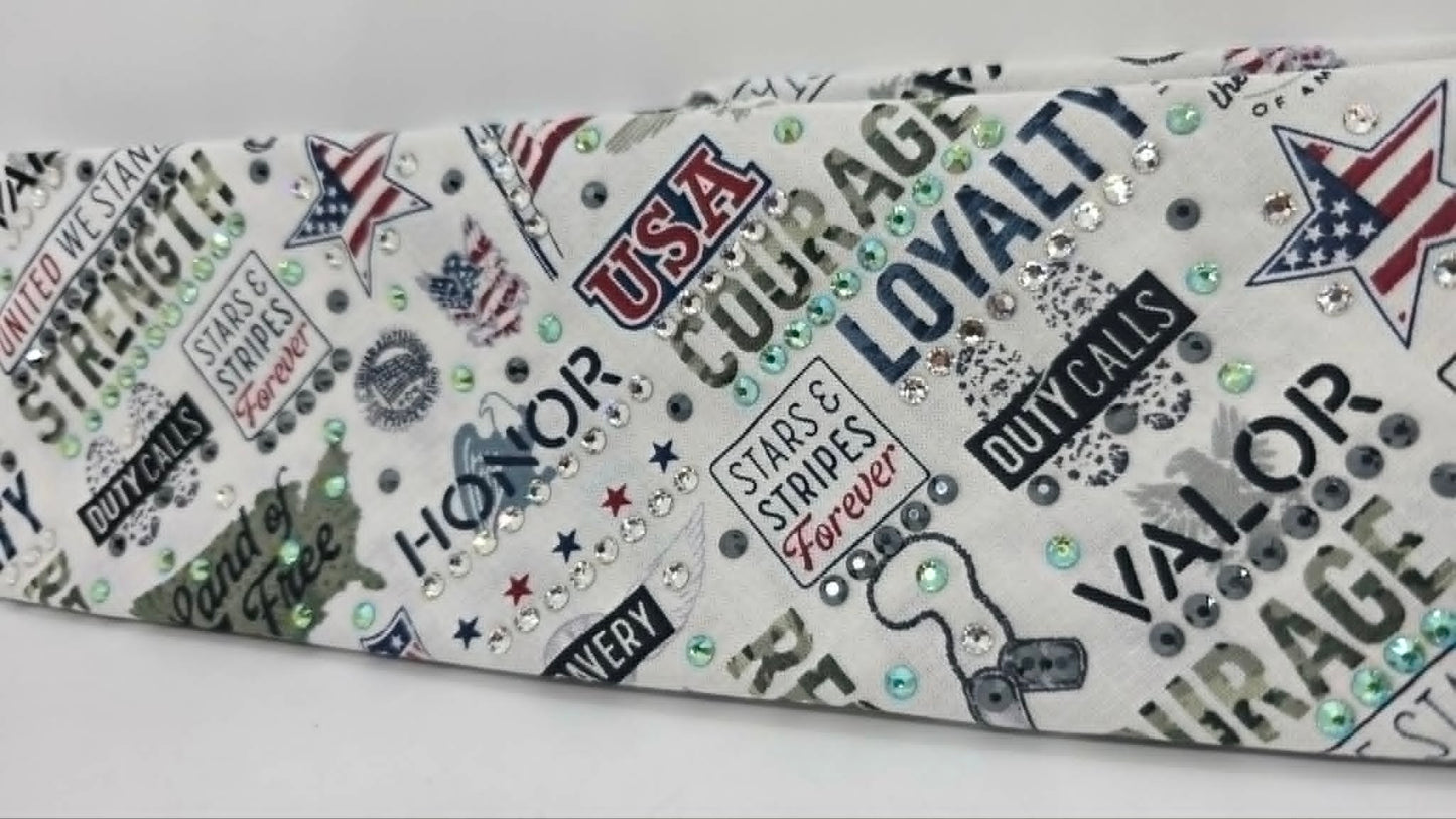 Patriotic Bandana with Green Shimmer, Black and Diamond Clear Austrian Crystals (E60151)