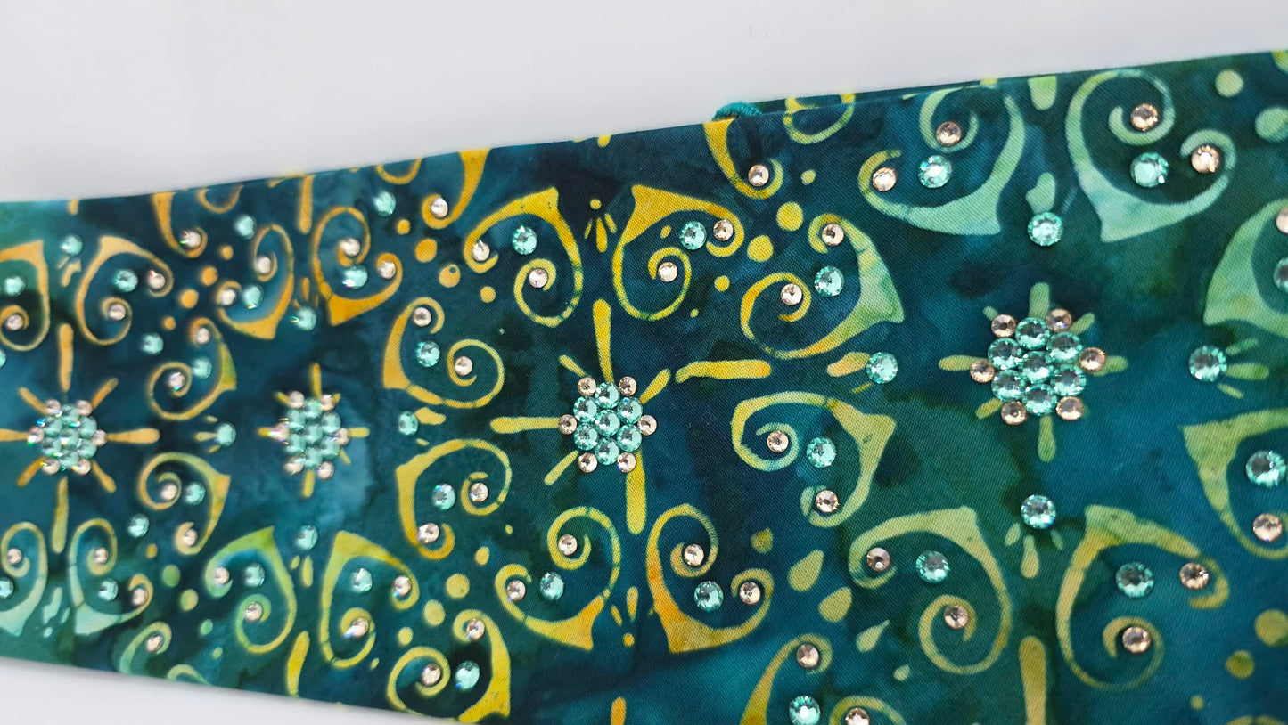 EXTRA BLING -Sea Green Batik Bandana with Honey and Caribbean Sea Austrian Crystals (E60108)