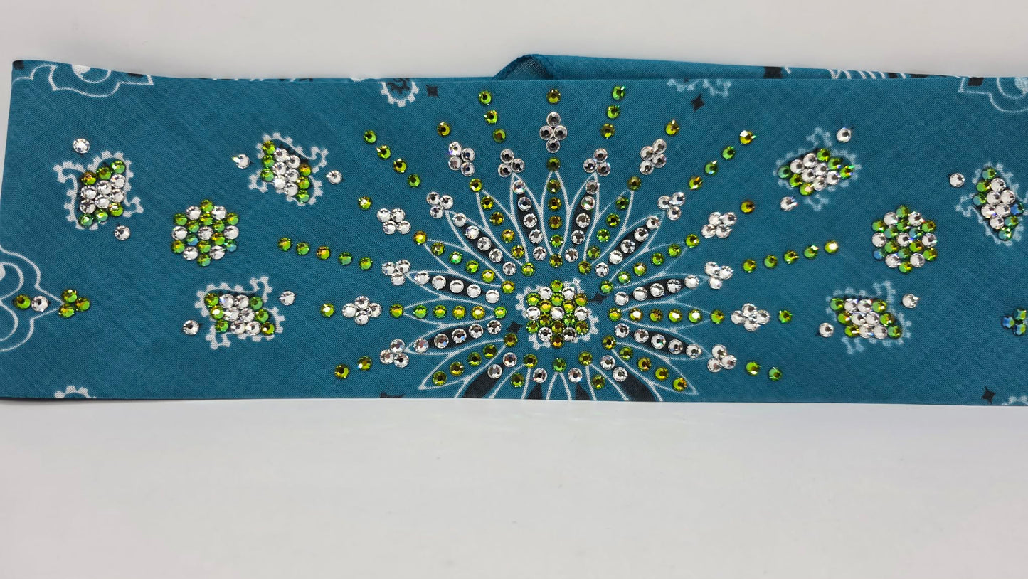 LeeAnnette Dark Teal Paisley Bandana with Vitrail and Diamond Clear Austrian Crystals (L40232)