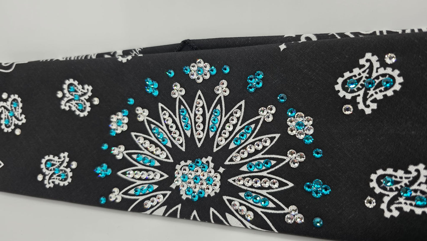 Black Paisley Bandana with Bright Blue and Diamond Clear Austrian Crystals (E6426)
