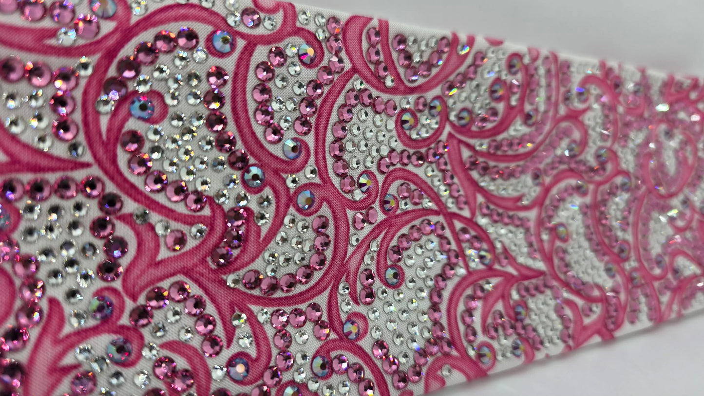 Super Duper LeeAnnette Pink Scrolls on White Bandana with Rose, Fuchsia Shimmer and Diamond Clear Austrian Crystals