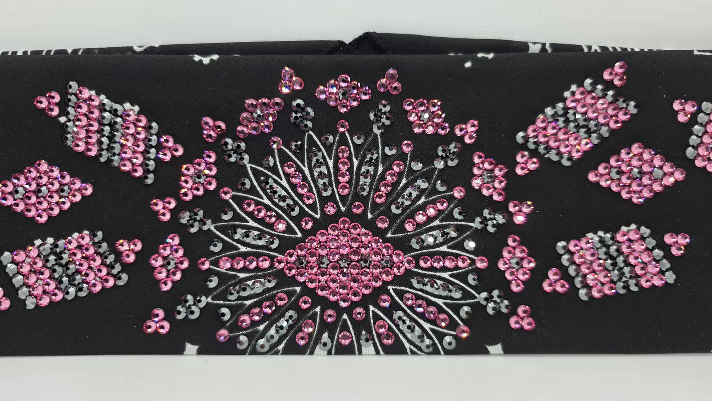 Super LeeAnnette Black Paisley Bandana with Black and Rose Austrian Crystals (sku40107)