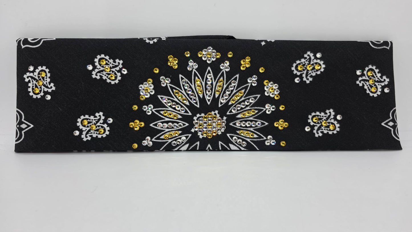 EXTRA BLING -Black Paisley Bandana with Golden Yellow and Diamond Clear Austrian Crystals (E60109)