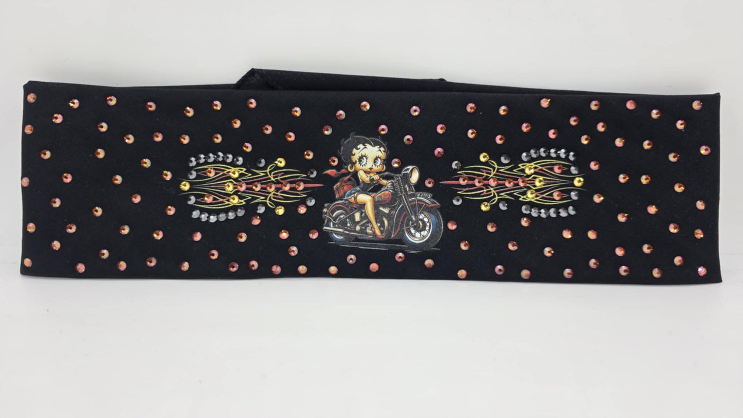 EXTRA BLING - Orange Betty Boop Bandana with Lava, Yellow and Black Austrian Crystals (sku6390)