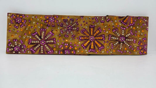 Super LeeAnnette Purple Flowers on Brown Batik Bandana with Golden Brown, Fuchsia and Orange Austrian Crystals (S48129)