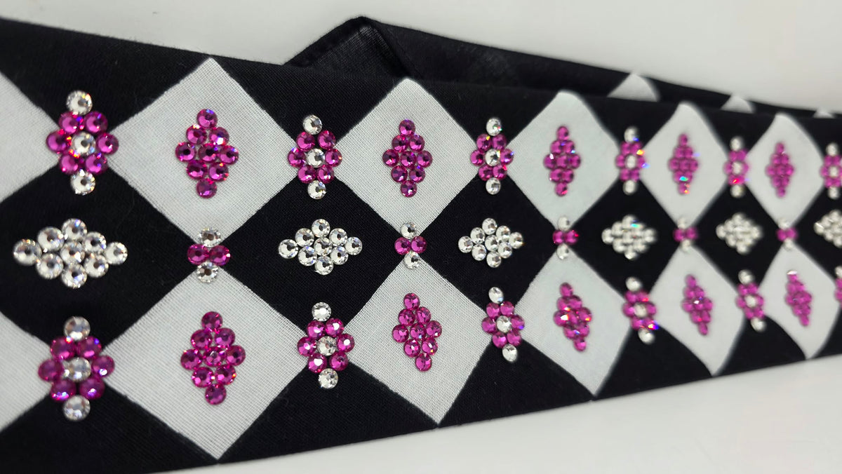 LeeAnnette Black and White Checker Bandana with Fuchsia and Diamond Clear Austrian Crystals (L40286)