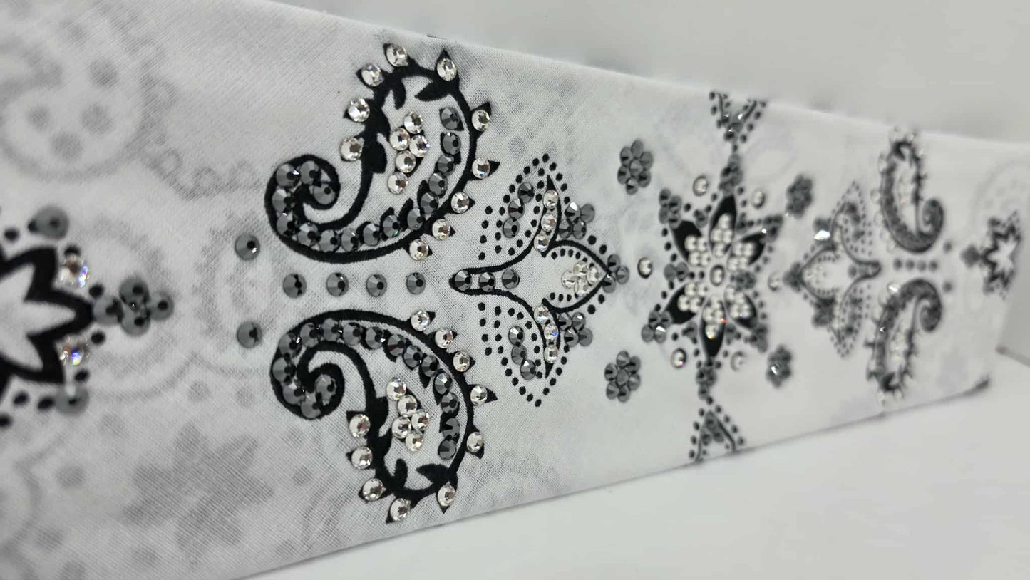 LeeAnnette Large White Flower Bandana with Black and Diamond Clear Austrian Crystals (sku40101)