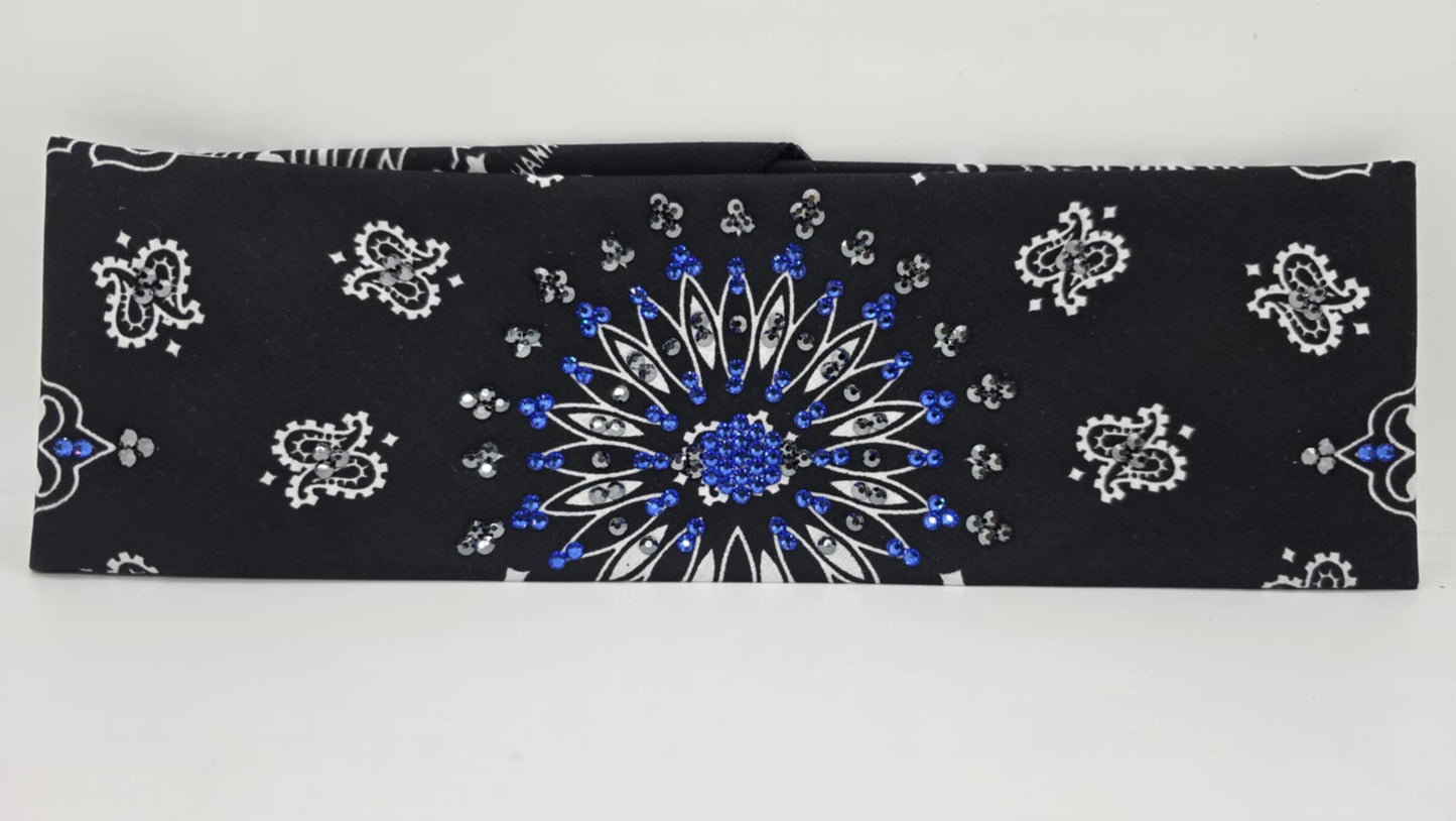 EXTRA BLING - Black Paisley Bandana with Blue and Black Austrian Crystals (sku6383)