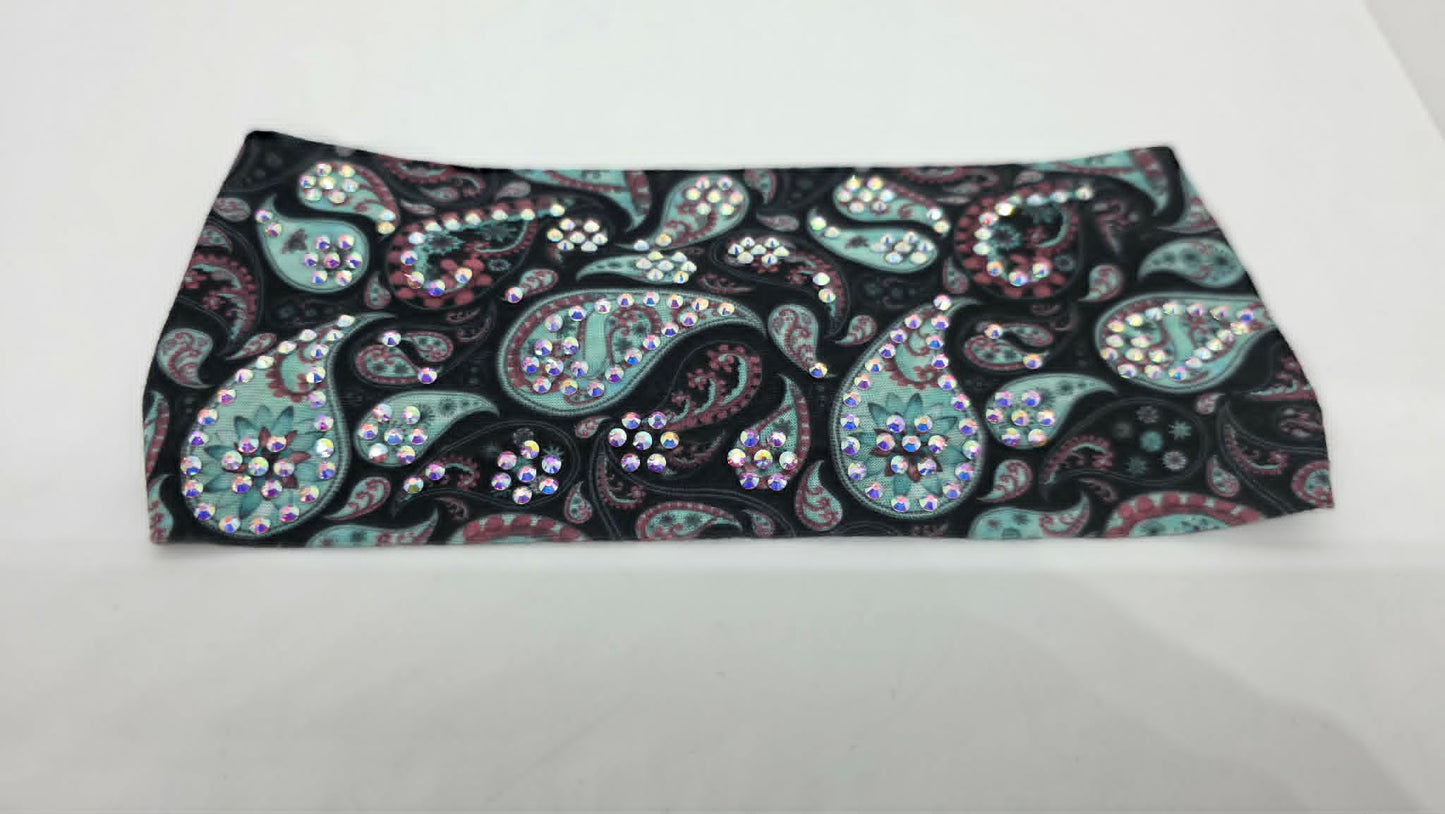 Stretchy Headband Sea Green Paisley with Aurora Borealis Crystals (Sku5476)