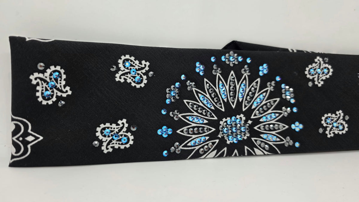 Black Paisley Bandana with Blue Shimmer and Black Austrian Crystals (E60170)