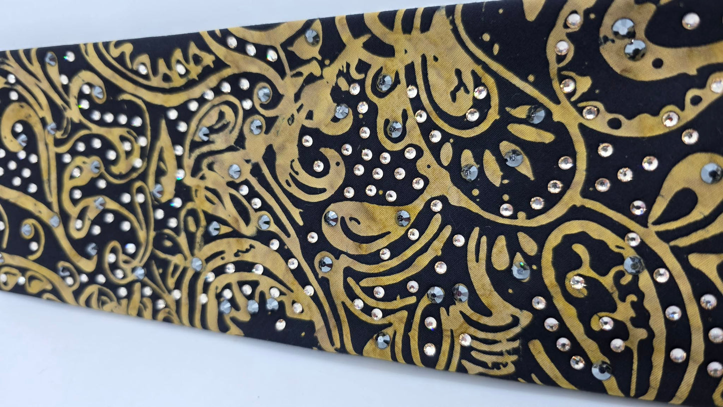 EXTRA BLING - Black and Gold Scroll Bandana with Honey and Black Austrian Crystals (E60107))