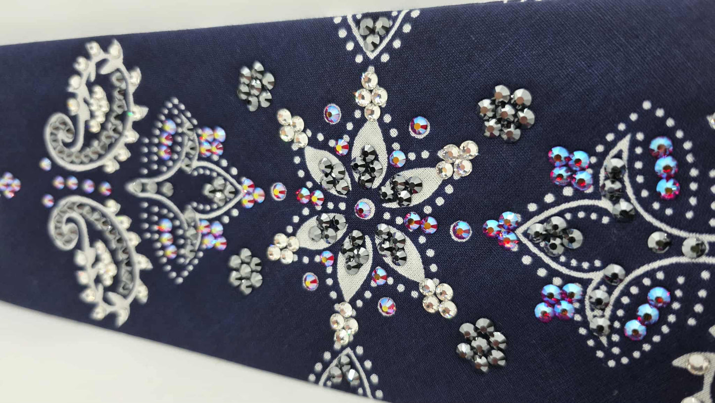 LeeAnnette Large Navy Blue Flower Bandana with Red Shimmer, Black and Diamond Clear Austrian Crystals (sku40104)