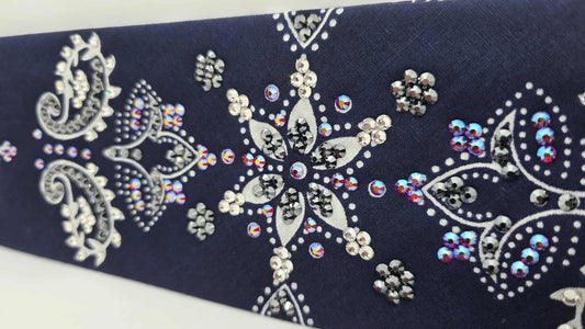 LeeAnnette Large Navy Blue Flower Bandana with Red Shimmer, Black and Diamond Clear Austrian Crystals (sku40104)