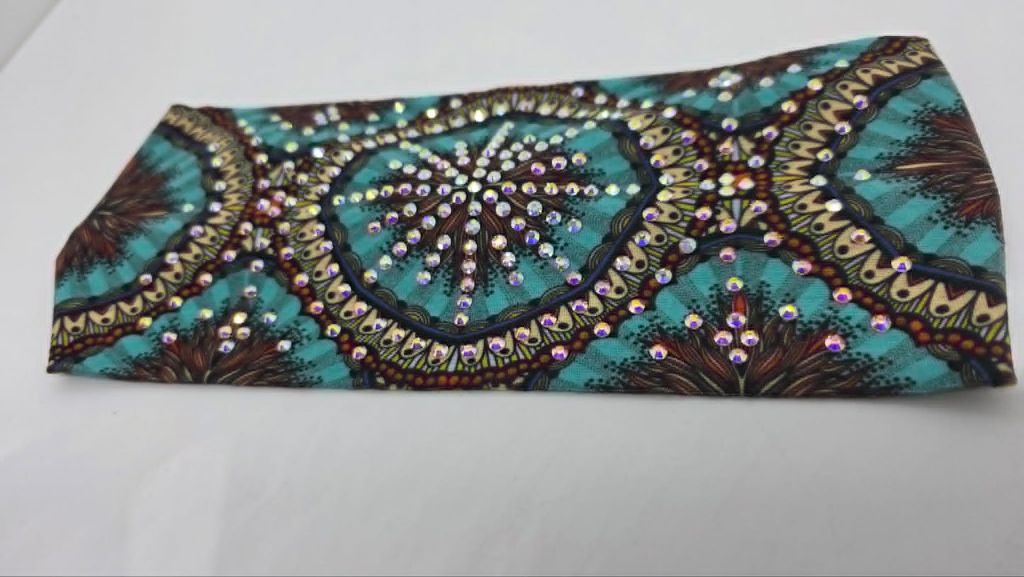 Stretchy Headband Sea Green Medallion with Aurora Borealis Crystals (Sku5473)