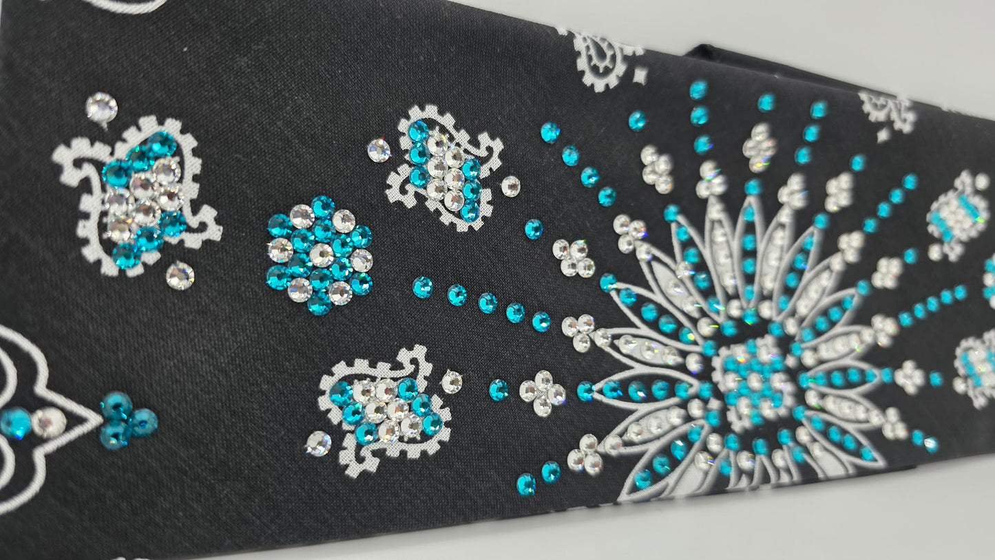 LeeAnnette Black Paisley Bandana with Bright Blue and Diamond Clear Austrian Crystals (L40206)
