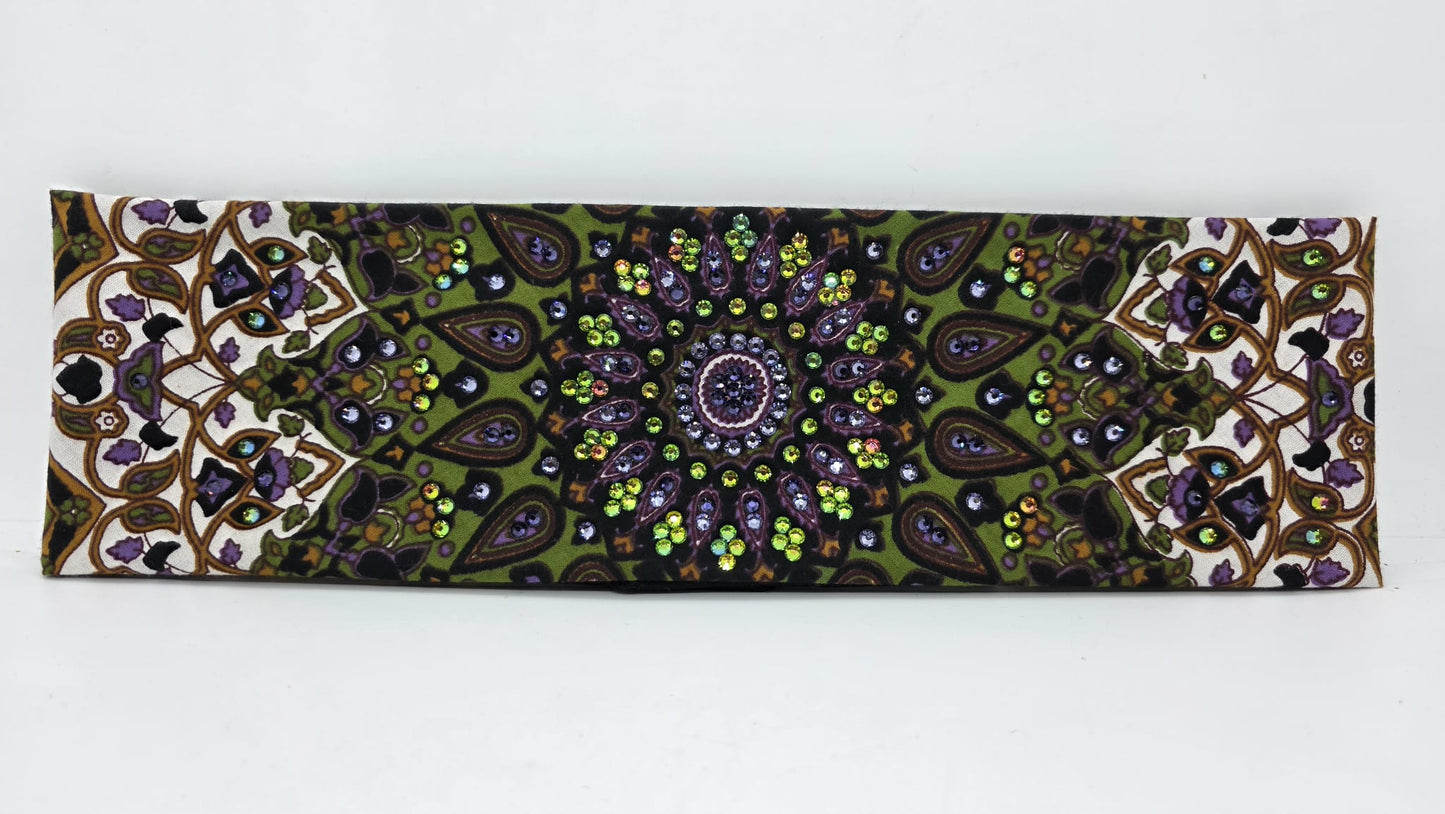 EXTRA BLING -Green Indian Bandana with Light Purple, Dark Purple and Vitrail Medium Austrian Crystals (sku6416)