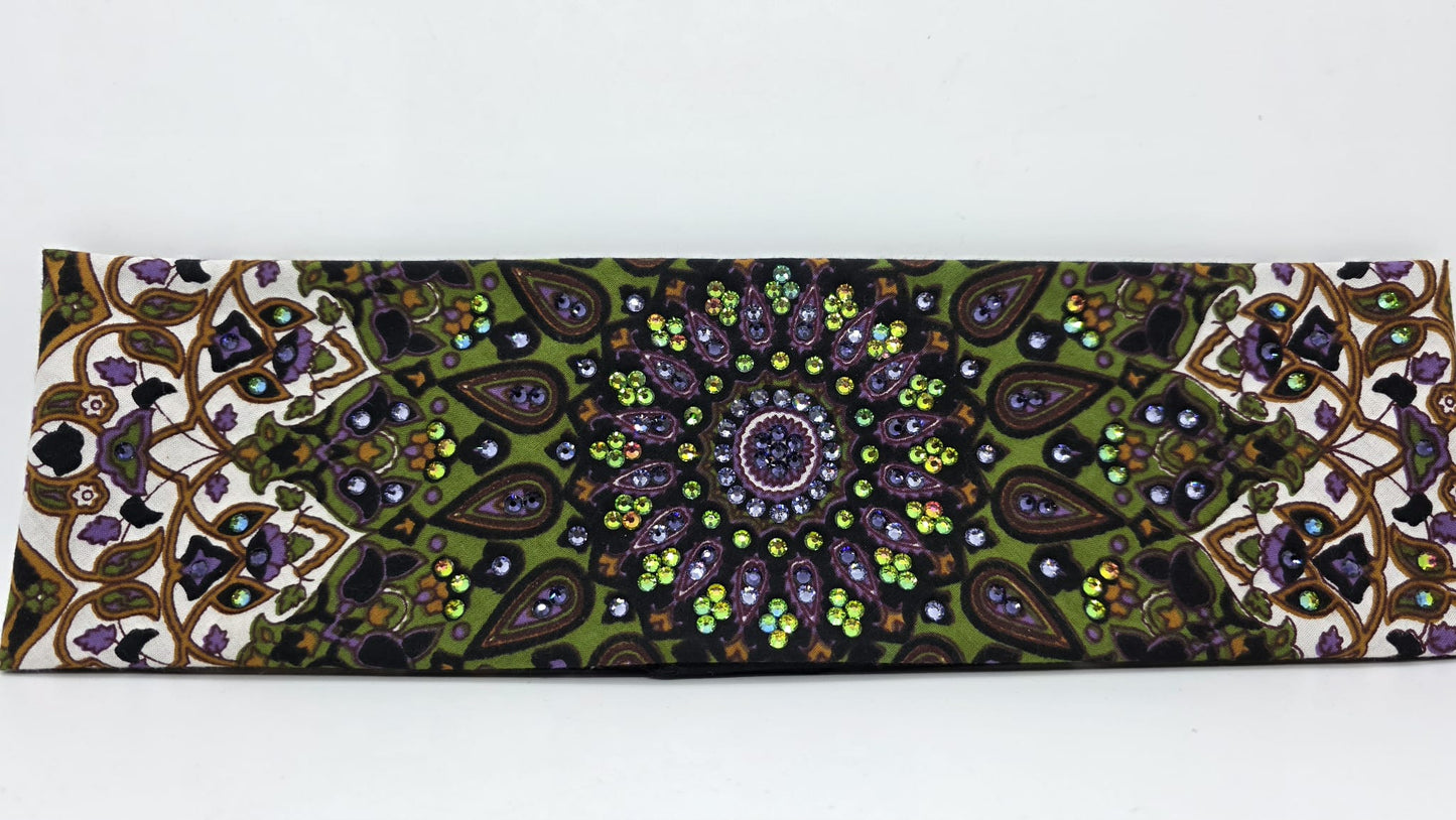 EXTRA BLING -Green Indian Bandana with Light Purple, Dark Purple and Vitrail Medium Austrian Crystals (sku6416)