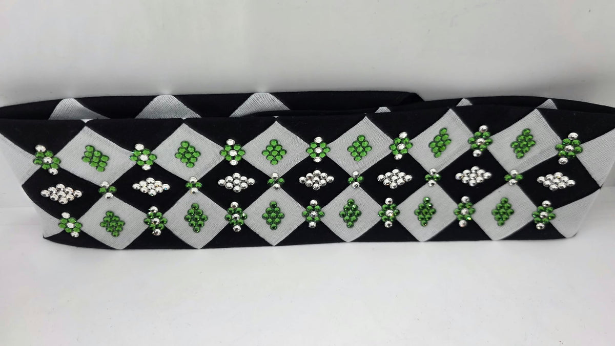 LeeAnnette Black and White Checker Bandana with Green and Diamond Clear Austrian Crystals (L40287)