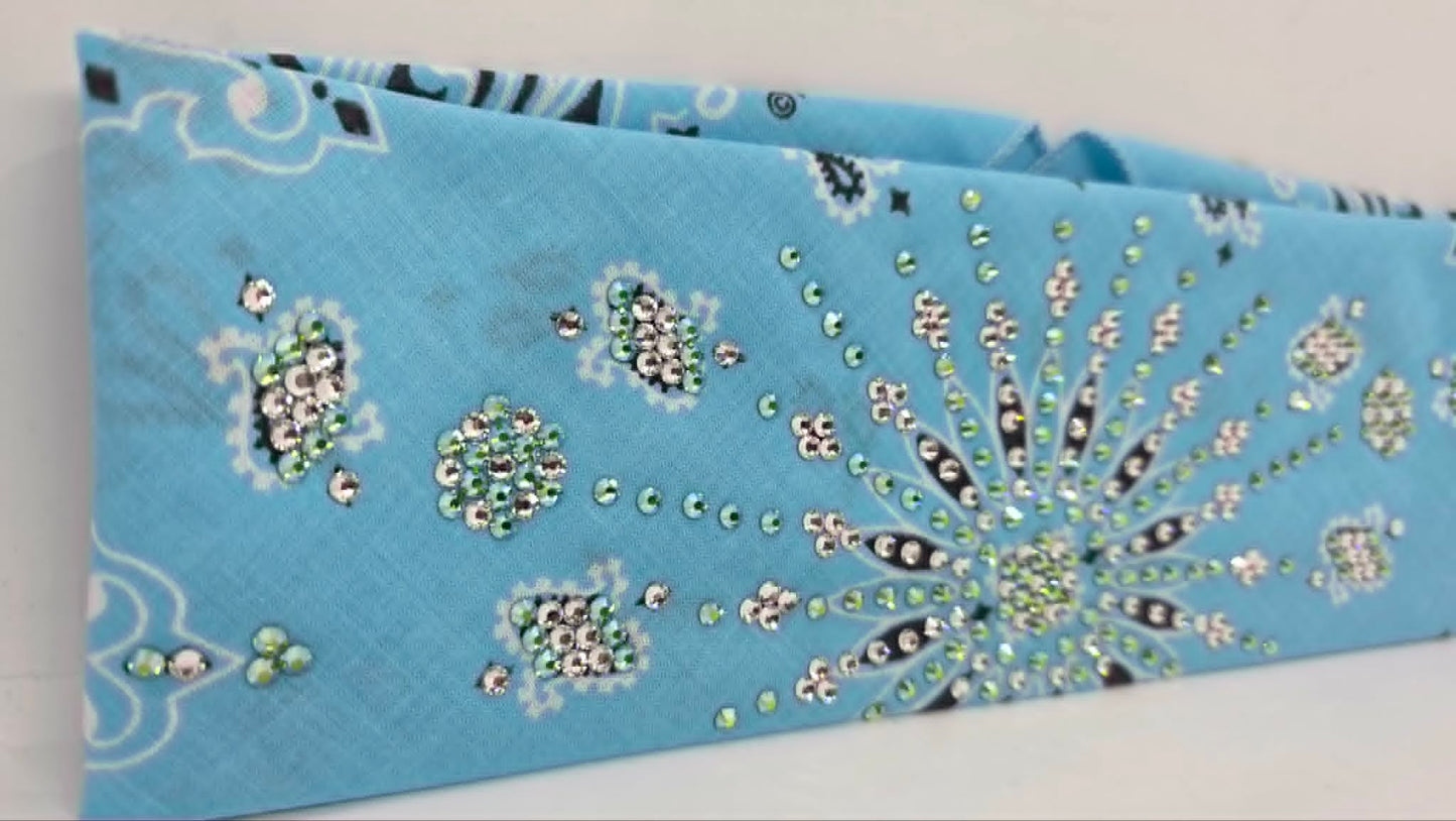 LeeAnnette Baby Blue Paisley Bandana with Peridot Shimmer and Diamond Clear Austrian Crystals (L40249)
