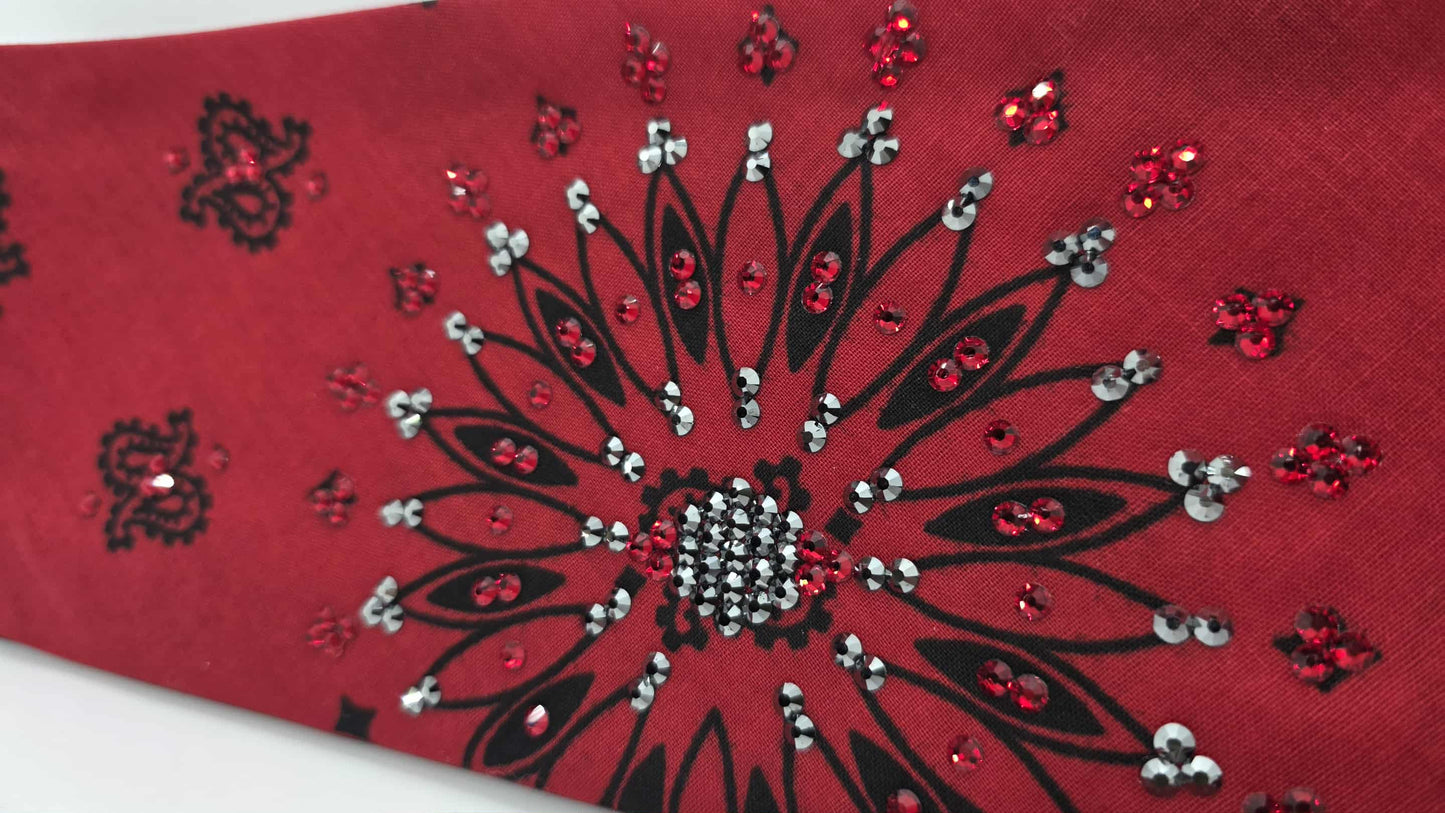 EXTRA BLING - Large Red Paisley Bandana with Red and Black Austrian Crystals (sku6409)