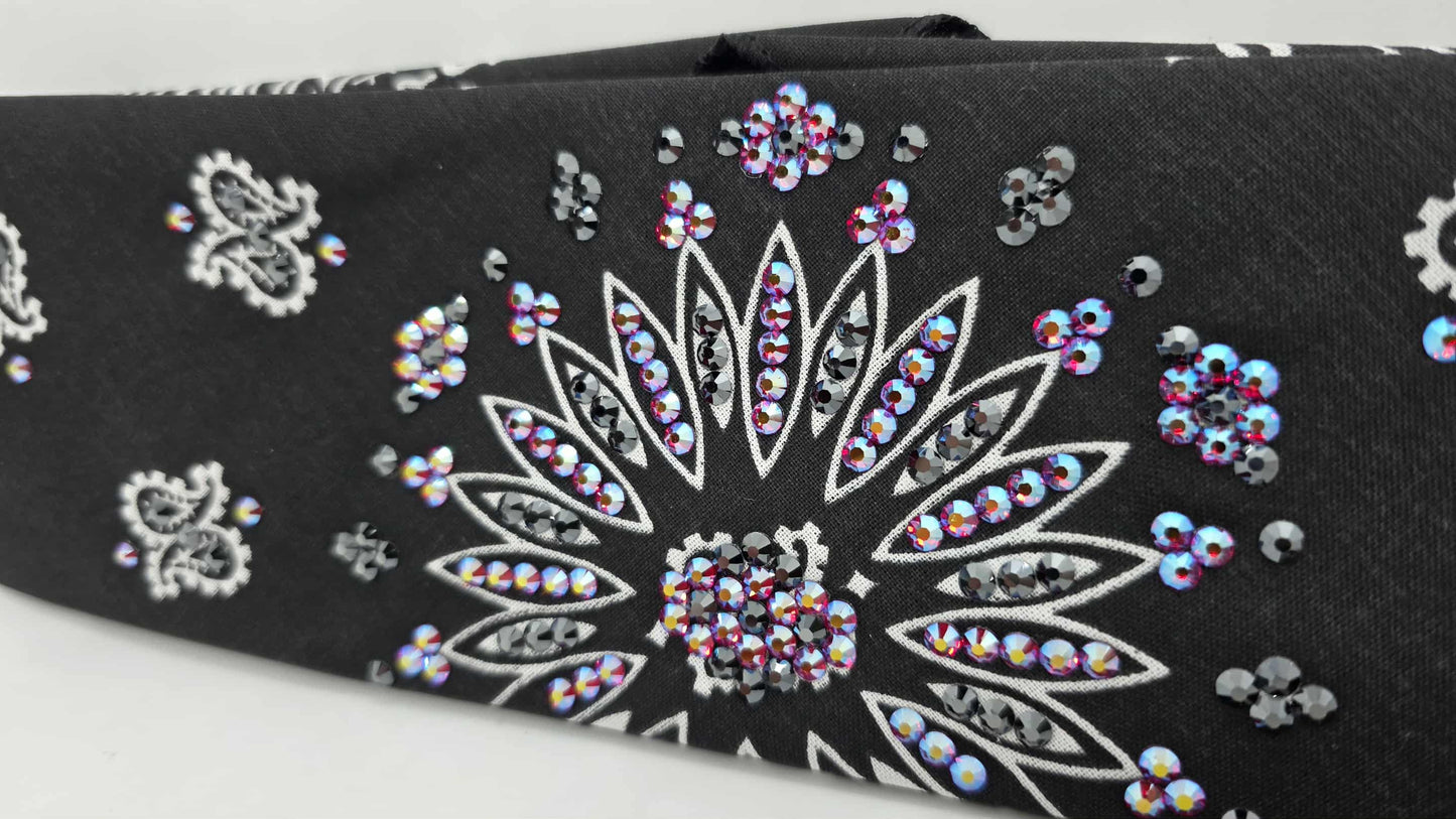 EXTRA BLING - Black Paisley Bandana with Red Shimmer and Black Austrian Crystals (sku6423)