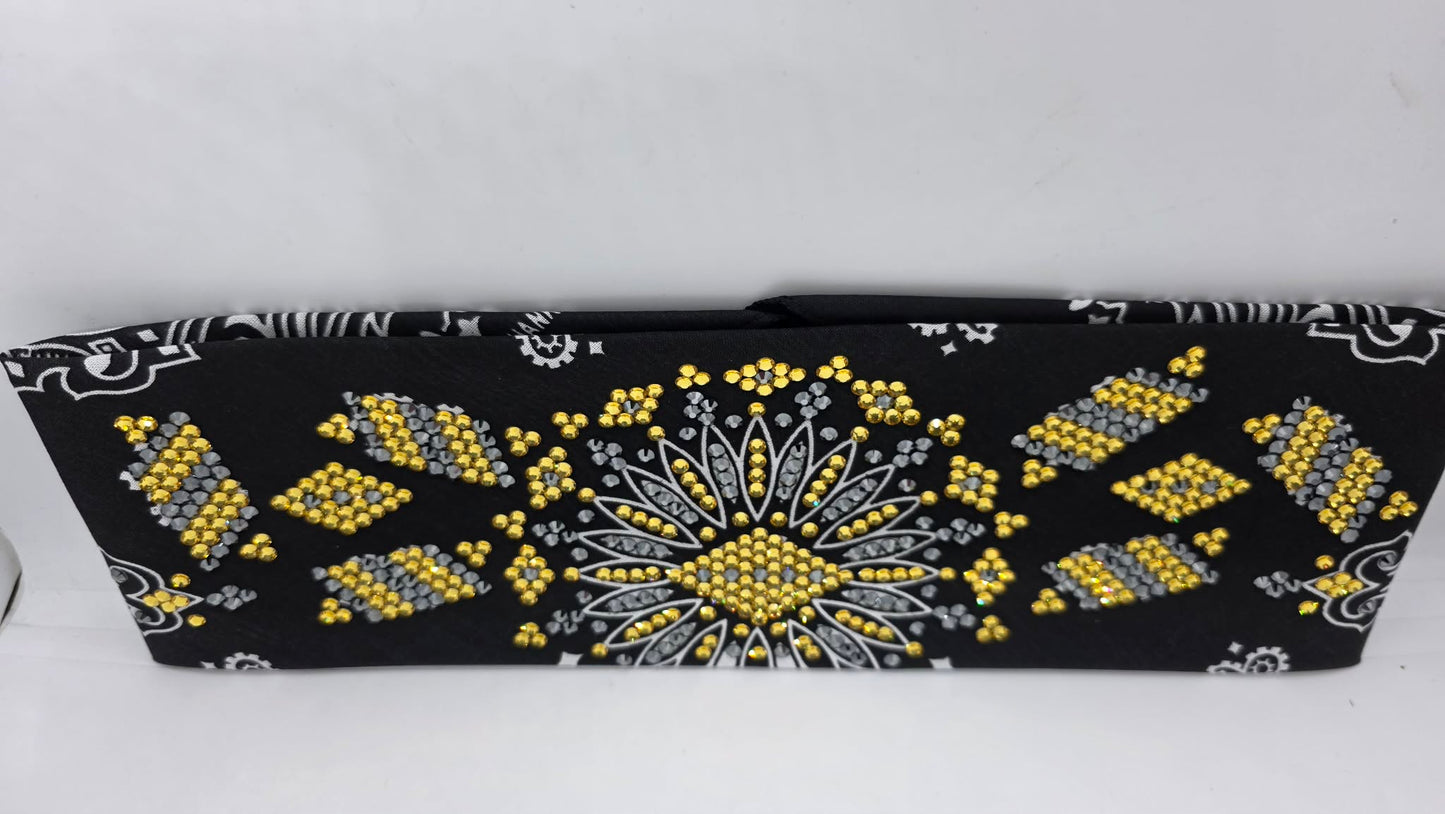Super LeeAnnette Black Paisley Bandana with Golden Yellow and Black Austrian Crystals (S48120)