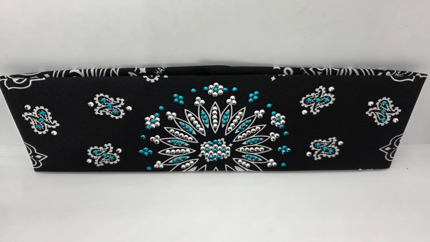 Black Paisley Bandana with Bright Blue and Diamond Clear Austrian Crystals (E6426)