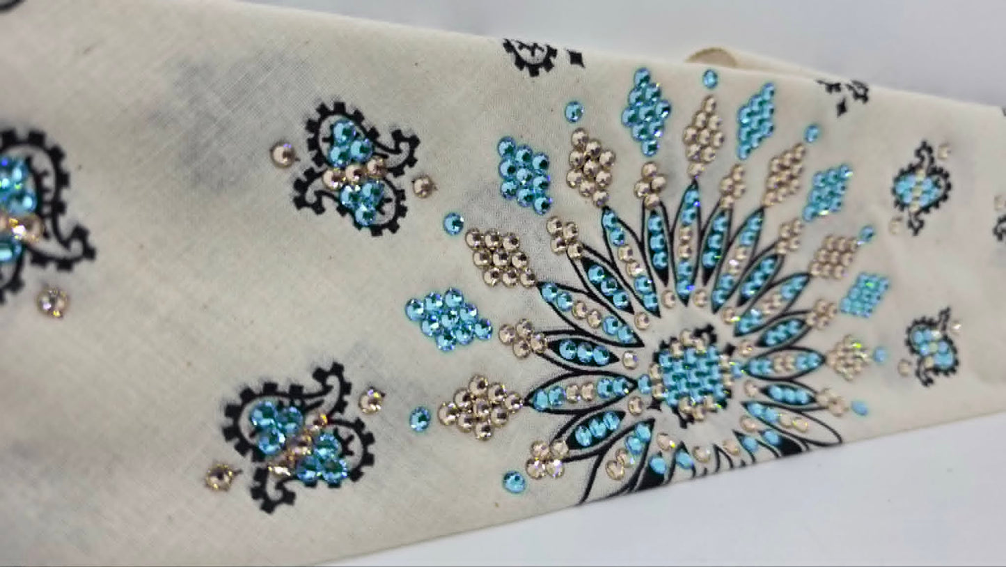 LeeAnnette Off White Paisley Bandana with Aqua and Honey Austrian Crystals (L40257)